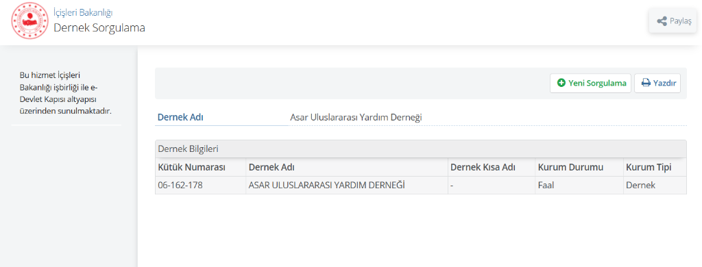 T.C. İçişleri Bakanlığı e-Devlet Dernek Sorgulama Belgesi